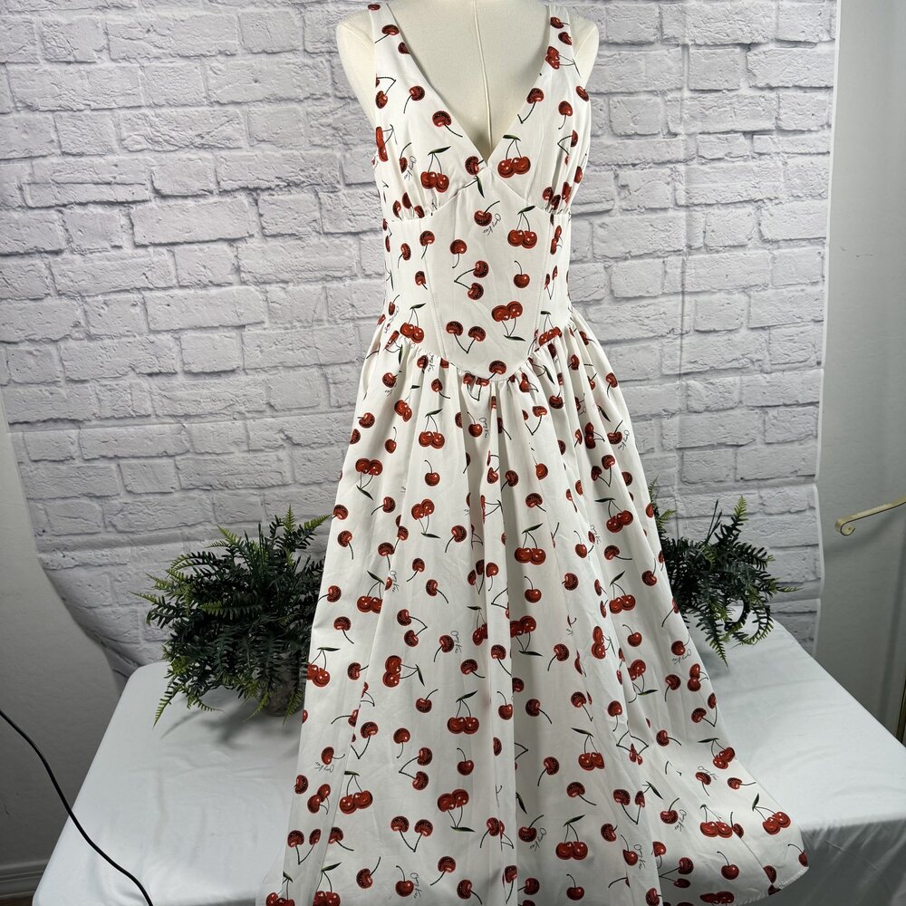 Koton White Cherry Print V-Neck Fit and Flare Midi Dress EU 40 US M NWT